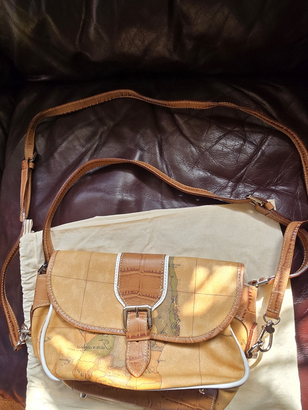 Vintage-Inspired Tan Map Print Crossbody Bag